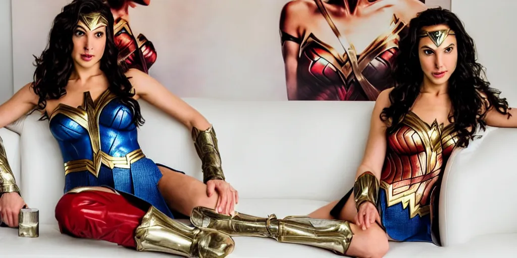 Image similar to photograph of gal gadot, dressed as wonder woman, sitting on a white leather couch with a huge photograph of a human eye on the wall behind it, ultra wide angle lens, hyperreal, super sharp photography