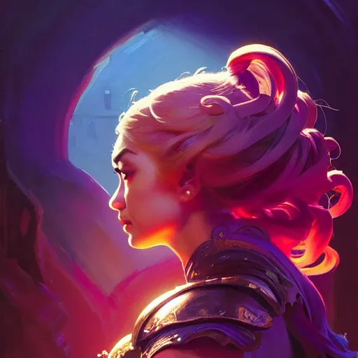 Prompt: side portrait, imogen poots, paladin, gloomhaven, colorful gaudy colors, luminescent, hard edges, organic painting, by greg manchess, huang guangjian, gil elvgren, greg rutkowski, jesper ejsing, magali villeneuve, artgerm, ilya kuvshinov