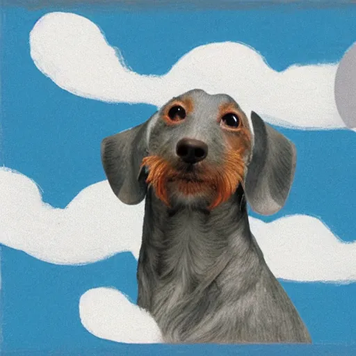 Image similar to an elderly, grey wire-haired dachshund floating in heaven, blue sky, surrounded by beautiful white clouds, with a halo over his head