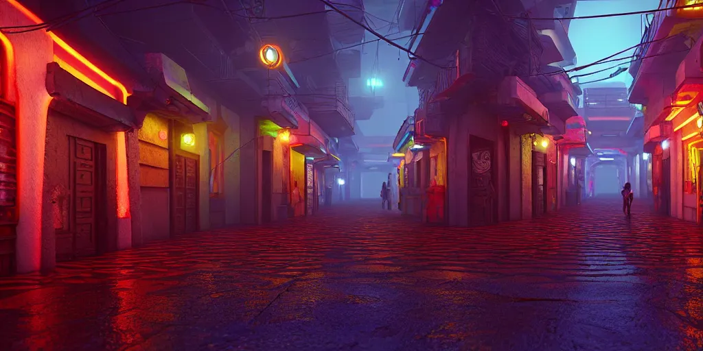 Prompt: a futuristic small mexican town cobbled street, blade runner 2 0 4 9 guanajuato alleys, futuristic colonial city architecture, mexican dia de muertos decorations, environmental lighting, stromy weather, ray tracing, amazing view, highly detailed, neon shops, octane render, unreal engine 5, 4 k