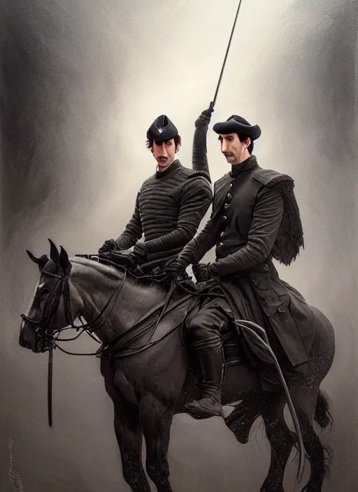 Image similar to painting of john oliver and adam driver together, riding horse, stoic, full body, military uniform, fantasy, intricate, elegant, beautiful, highly detailed, charcoal, centered, dark, smokey, digital painting, artstation, concept art, smooth, sharp focus, illustration, art by artgerm and greg rutkowski and alphonse mucha