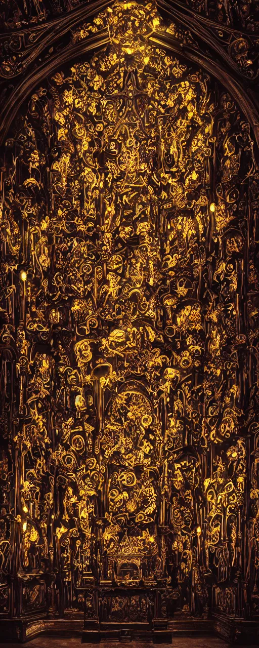 Prompt: photographic cathedral church altar, baroque, The Catacombs of Paris, black paper, bringer of glowing light and life and death, skull, mystical, intricate ornamental oriental tower floral flourishes, technology meets fantasy, glass, copper, steel, emerald, diamond, amethyst, glass, poster, concept art, octane, 8k insane detail