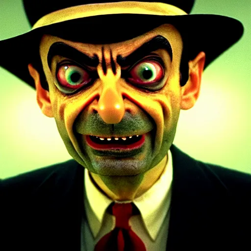 Image similar to mr. bean as freddie krueger. movie still. cinematic lighting.