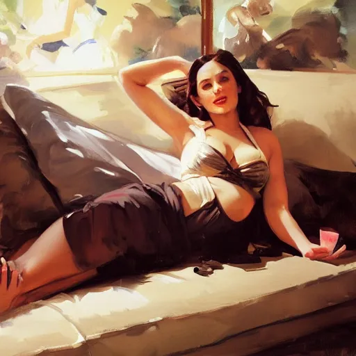 Image similar to portrait of kelly brook reclining on a couch greg manchess painting by sargent and leyendecker, studio ghibli, fantasy, medium shot, asymmetrical, intricate, elegant, matte painting, illustration, hearthstone, by greg rutkowski, by greg tocchini, by james gilleard, by joe fenton