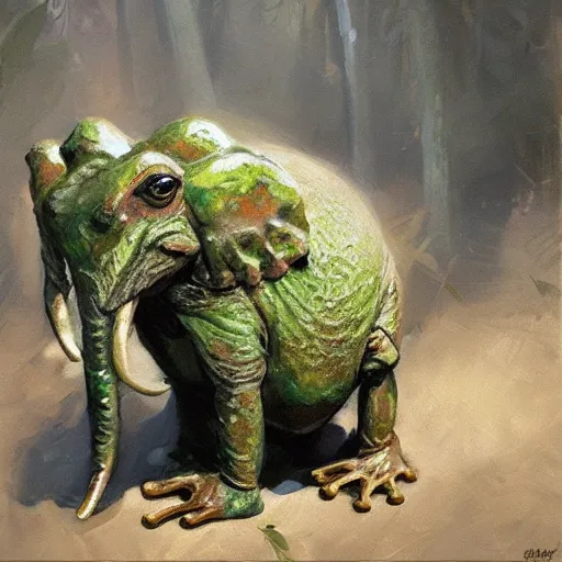 Prompt: frog - elephant creature, oil painting by craig mullins