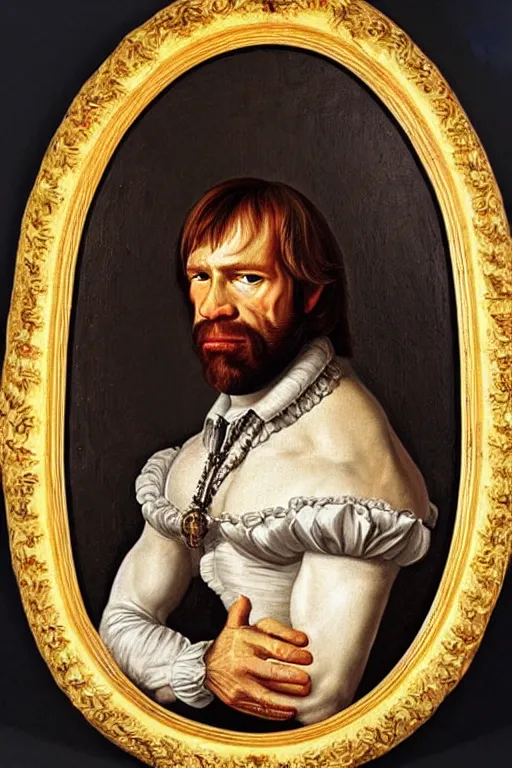 Image similar to a 1 6 0 0 s framed portrait painting of chuck norris holding a skull, intricate, elegant, highly detailed