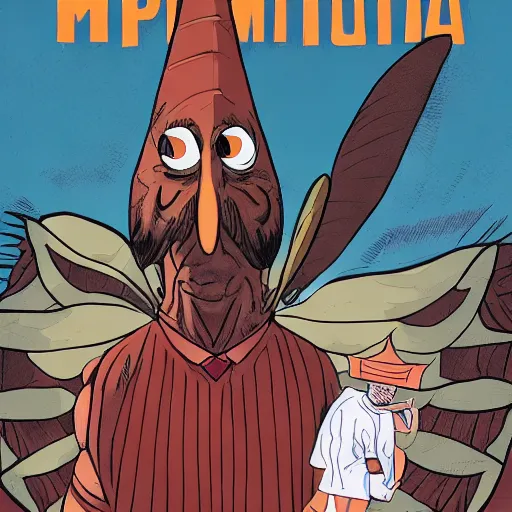 Image similar to ripped physique winged man Norm MacDonald disguised as a mothra whilst wearing a traffic cone hat brian k. vaughan vanesa r. del ray