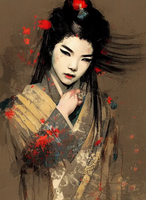 Image similar to female geisha girl, beautiful face, rule of thirds, intricate outfit, spotlight, by greg rutkowski, by jeremy mann