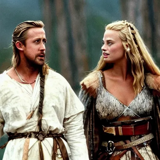 Prompt: still of ryan gosling and margot robbie, in a viking movie ( 1 9 8 6 )