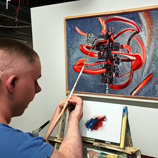 Prompt: a photo of a scary multi armed machine painting a painting