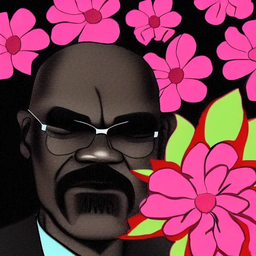 Image similar to a stylized cartoon of samuel l jackson with a pink flower in his hand