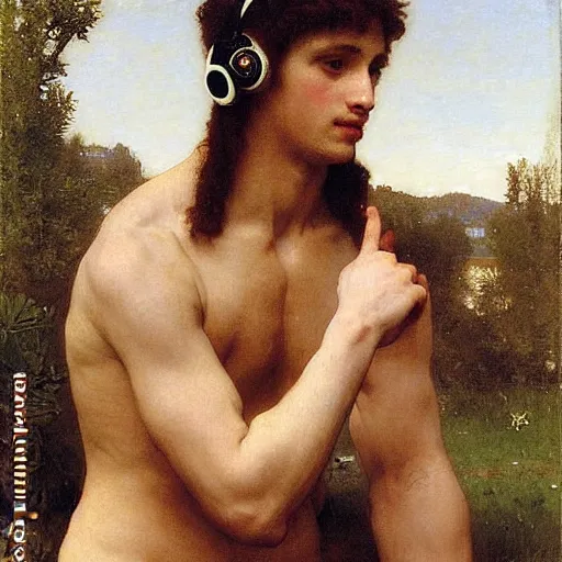 Prompt: pre - raphaelite athletic males wearing headset by bouguereau