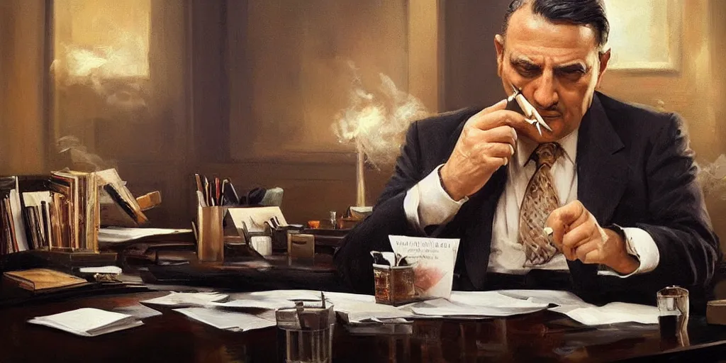 Image similar to beautiful oil matte portrait painting, mafia boss smoking at his 5 0 s new york office desk, wonderful masterpiece highly detailed, beautiful cinematic light deep focus, elegant, digital painting, smooth, sharp focus, golden ratio, dramatic illumination, ultra realistic, 8 k, art by jimmy law