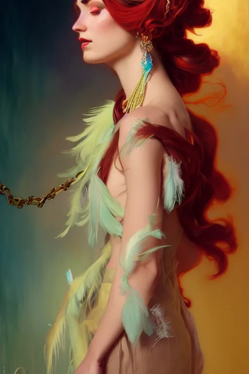 Image similar to ombre velvet gown, beautiful elegant dryad, feathers, beautiful face by leyendecker, long hair, cyan, dozens of jeweled necklaces, by greg rutkowski, brom, anato finnstark, alphonse mucha, oil painting, highly detailed, cinematic lighting, unreal,