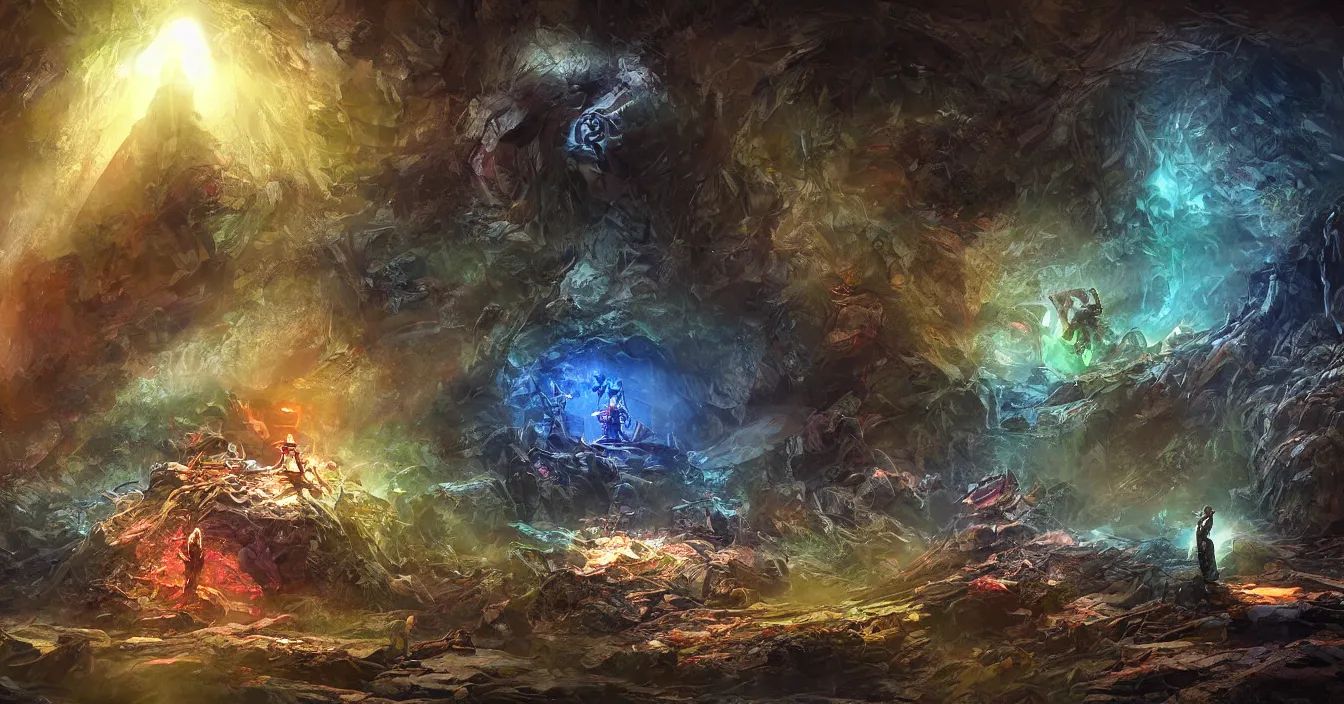 Image similar to futuristic archaeologists are excavating buried alien nest hidden in deep dark wet cave, deep sense of horror atmosphere, visual fidelity and plasticity, colorful digital art, vivid colors, in style of fenghua zhong