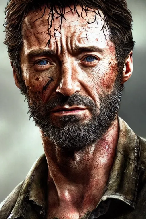 Image similar to realistic photo of Hugh Jackman as Joel in The Last of Us, highly detailed portrait,