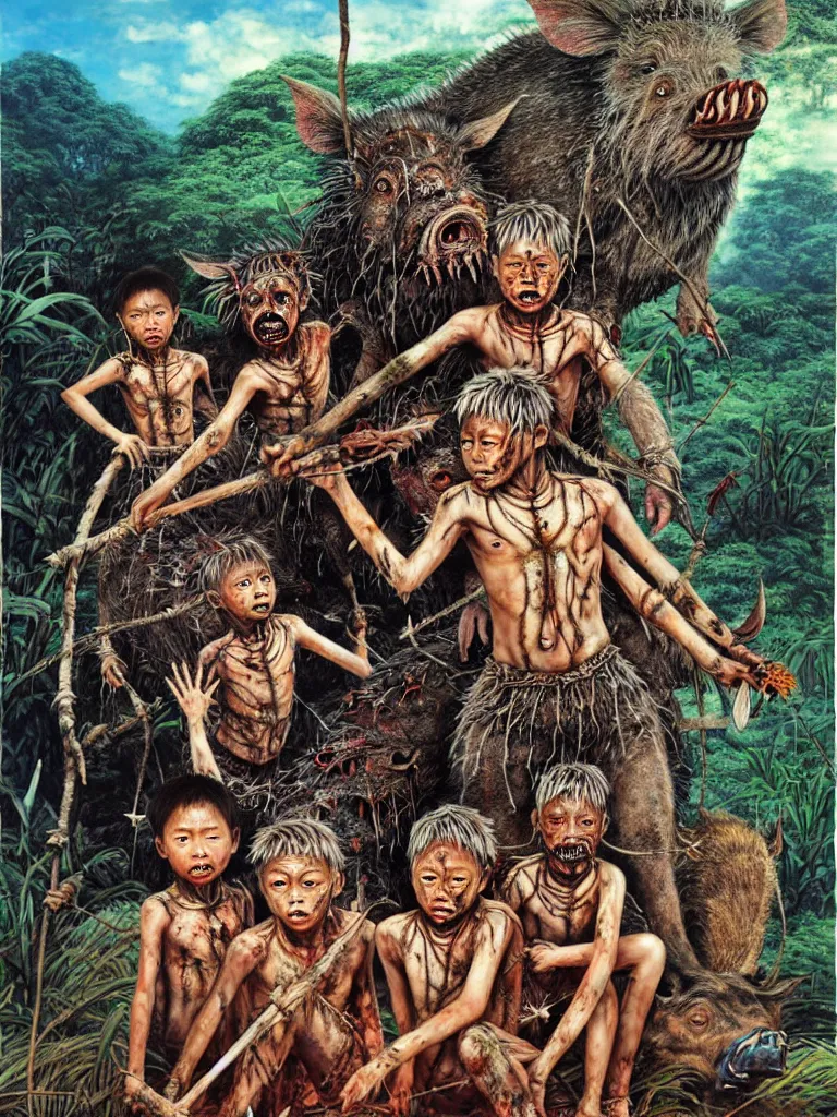 Image similar to realistic detailed image of Lord of the Flies. Dystopian horror of abandoned feral children on a tropical island and a dead giant boar, by Hou Yimin, Dan Howard, Allan Houser, Alice Hunt and Peter Hurd, Neo-Pagan, rich deep colors. Painting by Byun Shi Ji and Jiang Feng masterpiece