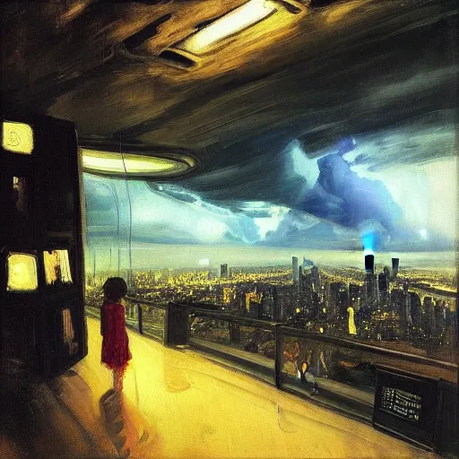 Prompt: “ a girl looking down at a futuristic!!!!!! new york city below, ghostpunk!!!!, neon lights, storm clouds, rain!!!!!!, oil painting, by george bellows ”