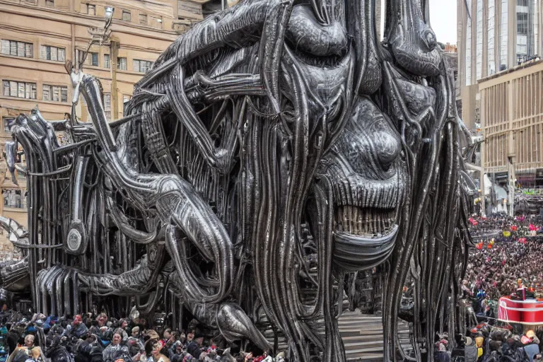 Image similar to photo of giant parade float designed by hr giger in the macys thanksgiving parade, detailed 4 k photo