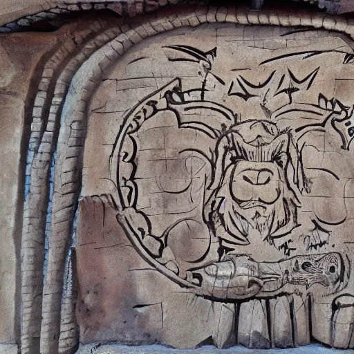 Prompt: sigil of a pig, a lion, a jester, a bat, and a knight carved into a cave's wall