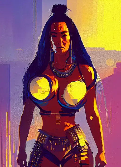Image similar to tia carrere as cyberpunk samurai, golden and blue hour, by ismail inceoglu