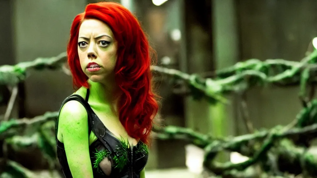 Image similar to Aubrey Plaza as Poison Ivy in The Dark Knight, only her in the shot, green skin film still from the movie, wide lens