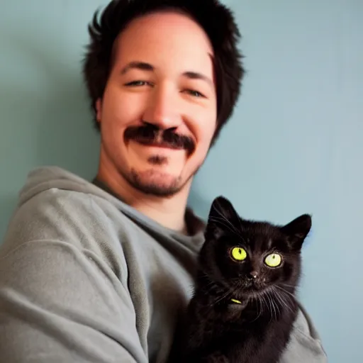 Prompt: Mark Fischbach holding a kitty, photo