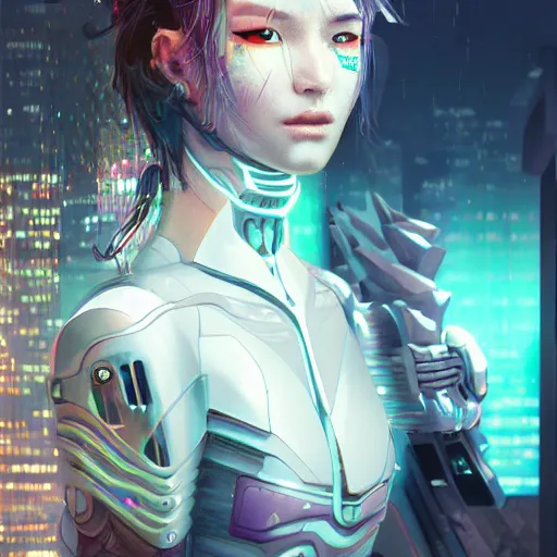 Image similar to portrait futuristic Cyber warrior Girl, in future cyberpunk tokyo rooftop , ssci-fi, fantasy, intricate, very very beautiful, elegant, neon light, highly detailed, digital painting, artstation, concept art, smooth, sharp focus, illustration, art by tian zi and WLOP and alphonse mucha