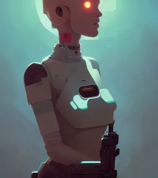 Image similar to portrait of a female android with a human heart by atey ghailan, by greg rutkowski, by greg tocchini, by james gilleard, by joe fenton, by kaethe butcher, dynamic lighting, gradient light blue, brown, blonde cream and white color scheme, grunge aesthetic