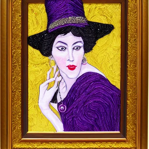 Prompt: portrait of a purple witch with golden embroidery, painting in the style of realism.