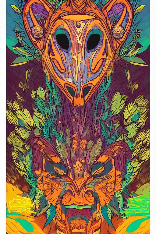 Image similar to animal mask totem roots flower tribal feather gemstone plant wood rock shaman vodoo video game vector cutout illustration vivid multicolor borderlands comics by josan gonzales and dan mumford radiating a glowing aura