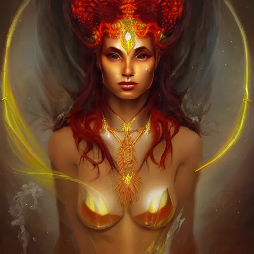 Image similar to A stunning painting of a fire goddess by Andrews Esao, fantasy, Trending on artstation.