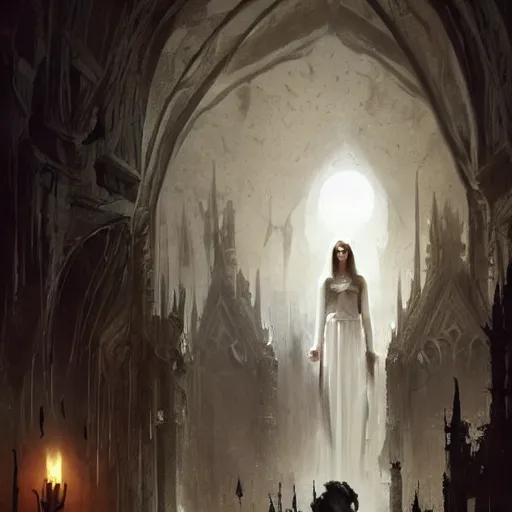 Image similar to in the drakest place in the world, a world of horror, films of all time : : and a stunning white gothic angel, is the experience of all, members of your family who, and reward players for their success, concept art, artwork by greg rutkowski, trending