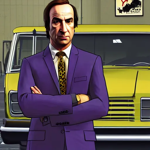 Prompt: Saul goodman in GTA V covert art by Stephen Bliss