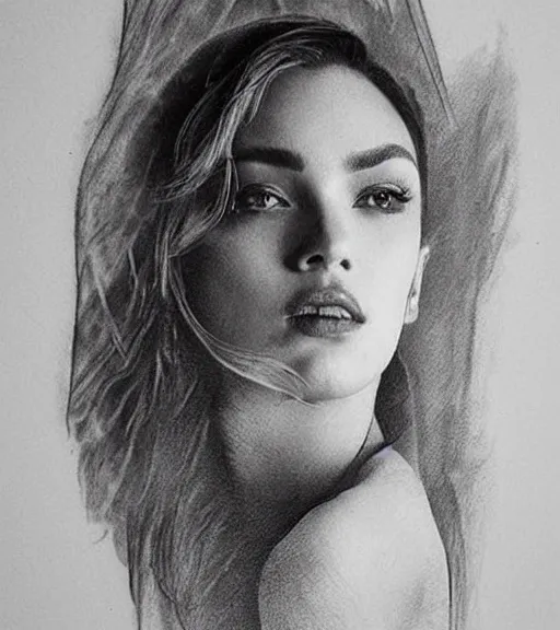 Image similar to tattoo design sketch of an extremely beautiful woman face with a faded background of beautiful mountains on her side, hyper - realistic, double exposure effect, in the style of matteo pasqualin, amazing detail, black and white, faded