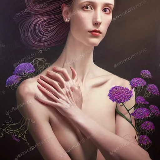 Image similar to portrait of a young attractive nerdy woman in flowing sensual dress, arrogant, long fine flowing hair, delicate, looking at camera, slightly awkward smile, realistic face, realistic hands, stylish, elegant, grimdark fantasy, flowers, extremely detailed painting inspired by Gerald Brom and Ernst Haeckel and Monia Merlo, studio lighting