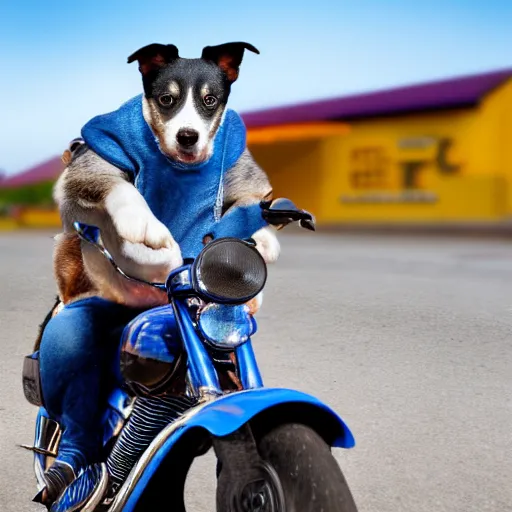 Image similar to blue heeler dog on a motorcycle, 8 k photography, blurred background of a wafflehouse