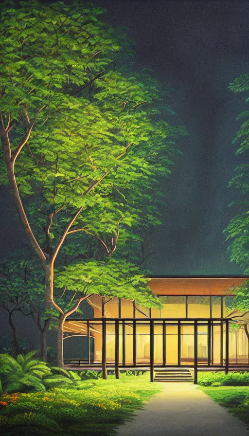 Image similar to a beautiful very detailed painting of nature home exterior by ludwig mies van der rohe, architecture island at dusk at night tron synthwave dramatic lightning rainforest forest landscape uv light meadow flowers thermal vision sunlight studio ghibli neon signs desert, archdaily, wallpaper, highly detailed, trending on artstation.