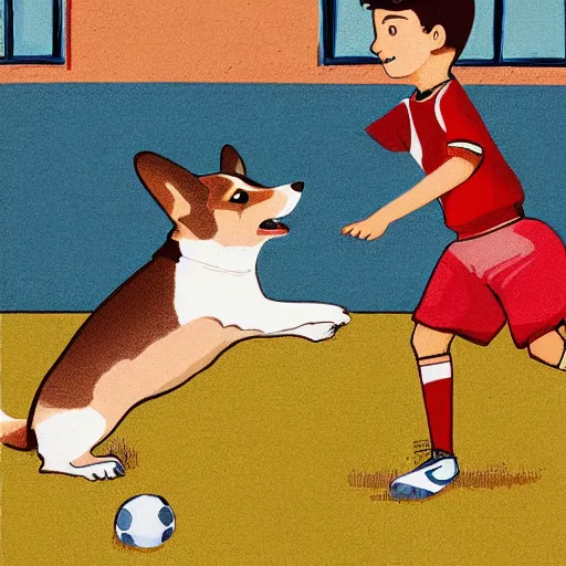 Image similar to illustration of french boy in paris playing football against a corgi, the corgi is wearing a polka dot scarf