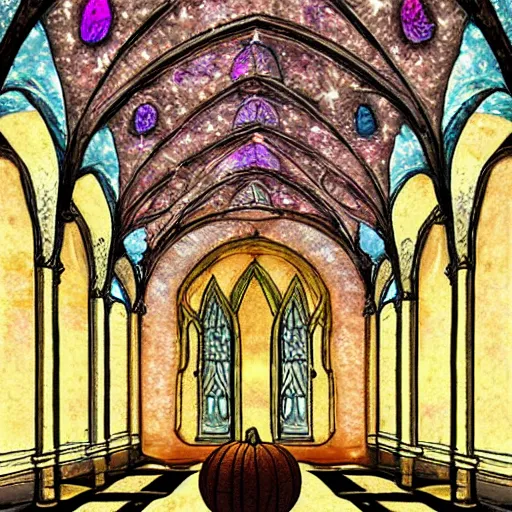 Prompt: large gothic hall with a large pumpkin on the ceiling, moonlight, art station, detailed, colorful, symmetrical