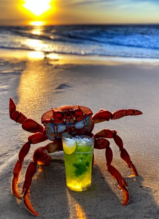 Image similar to photo of a crab drinking a mojito at the beach, golden hour, Breathtaking, 8k resolution, extremely detailed, beautiful, establishing shot, artistic