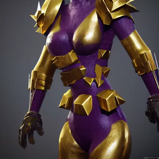 Prompt: cute girl, rubber spikes on the body, rubber skin spikes, spikes are from rubber, purple skin, skinny, gold armor, battleground background, battlefield, concept art, artstation, award winning, high detailed, 4k, 8k, hd textures, octane render, intricate details, volumetric lighting, realistic, hyperdetailed