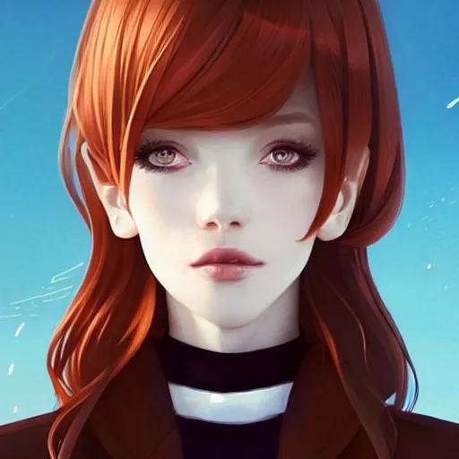 Image similar to beautiful pale vampire with auburn hair in a white turtleneck dress, on a super yacht, by guweiz and wlop and ilya kuvshinov and and moebius and bilal and artgerm, symmetrical eyes, aesthetic, gorgeous, stunning, alluring, attractive, half body portrait, artstation, deviantart, pinterest, digital art