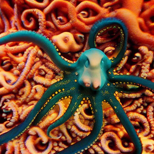 Prompt: Octopus made of corn, 35mm photo taken underwater, coral reef in the background