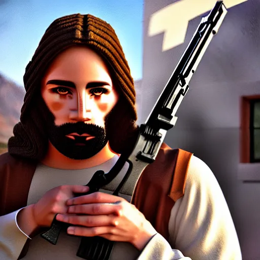 Prompt: Jesus holding an assault rifle, wearing a ski mask, photorealistic, 4K