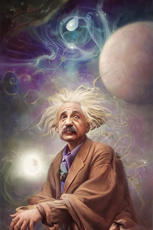 Prompt: breathtakingly beautiful painting of albert einstein as a genie, thinking about equations, moonlit sky, matte painting by brian froud, shaun tan, wlo and peter mohrbacher, highly detailed, intricate,, award winning artwork, trending on artstation, high quality printing, fine art with subtle redshift rendering