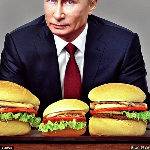 Prompt: Vladimir Putin, slathered in mayonnaise On a bed of lettuce and tomato between a bread bun