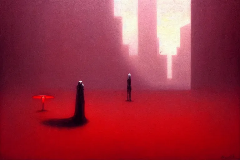 Image similar to only with red, red god of death eat apple, a futuristic city on mars in the background, red worms on the floor, in the style of beksinski, part by hopper, part by rodcenko, part by hofbauer, intricate composition, red by caravaggio, insanely quality, highly detailed, masterpiece, red light, artstation, 8 k