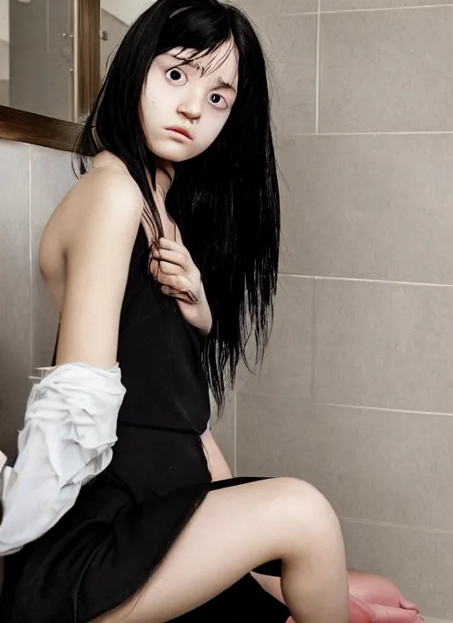 Image similar to a 1 4 year old girl eveline from resident evil 7 with straight long black hair wearing black dress that sitting on bathroom floor, model エリサヘス s from acquamodels