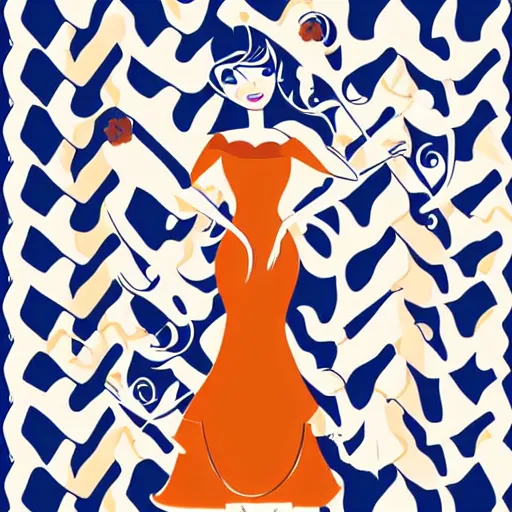 Image similar to modern vector art illustration of a fairy tale princess in navy and burnt orange hues